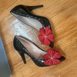 Lanvin Patent Leather Pumps Womens Size 37 Floral Black Shoes Heels Like New